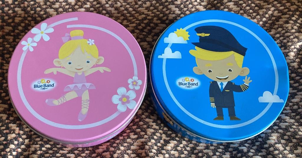 2 ronde Blue Band blikjes, Verzamelen, Ophalen of Verzenden, Gebruikt, Koek(jes), Overige merken
