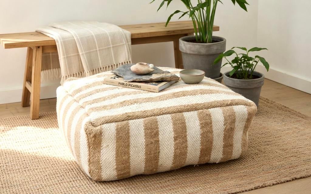 Vloerkussen Jute Katoen - Boho Japandi Berber Stijl 50x50x20, Huis en Inrichting, Banken | Voetenbanken en Poefen, Vierkant, Nieuw