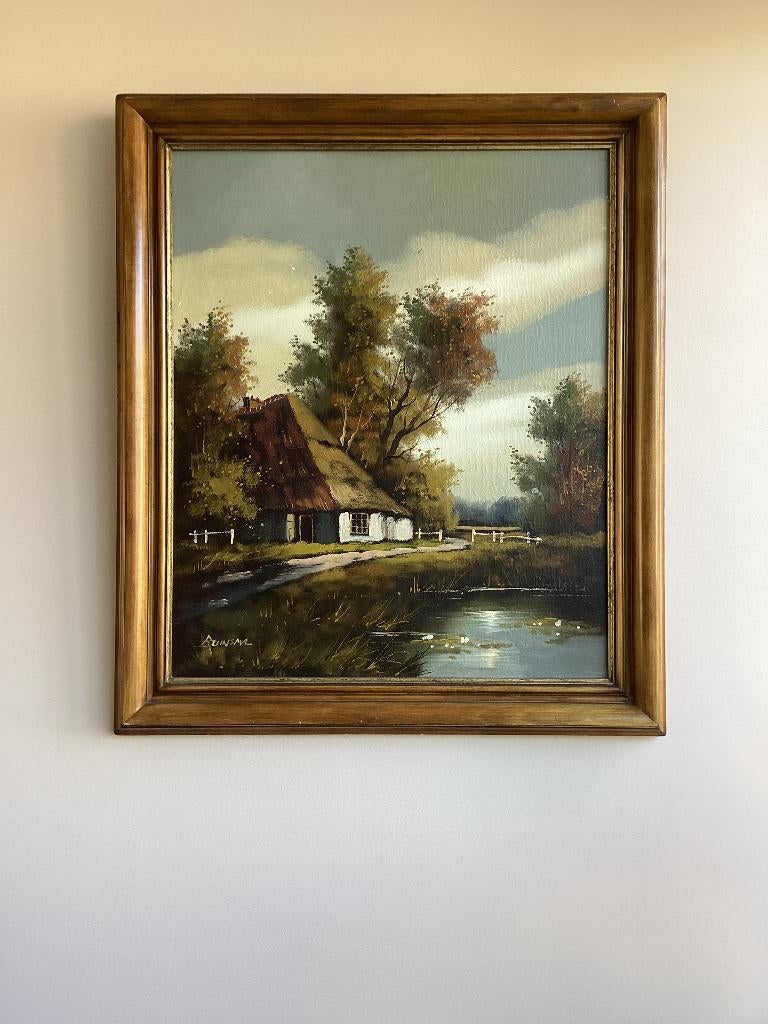 Olieverf op doek Cornelis Bruinsma. Boerderij aan het water, Ophalen of Verzenden