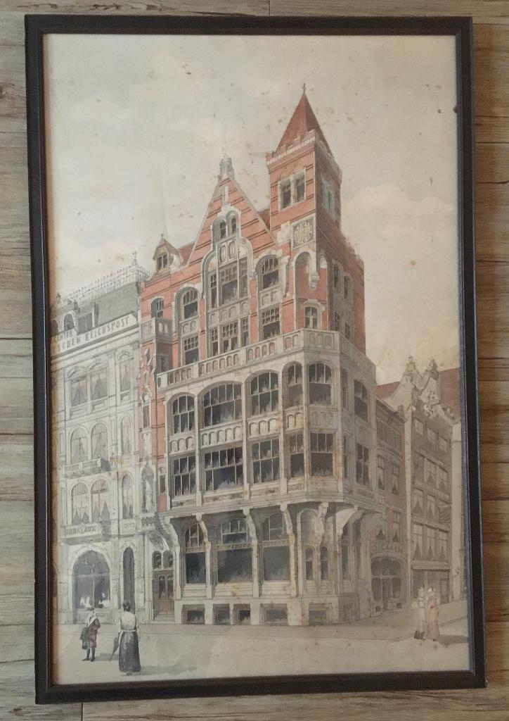 Tekening aquarel stad in Duitsland, Antiek en Kunst, Kunst | Schilderijen | Klassiek, Ophalen