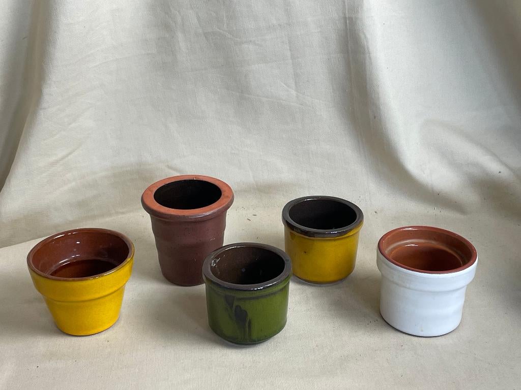 5 vintage gekleurde aardewerken cactuspotjes, Tuin en Terras, Bloempotten, Gebruikt, Rond, Binnen, Ophalen of Verzenden