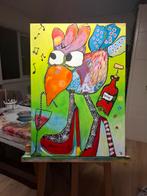 Vrolijk en kleurrijk schilderij van feestende kip, Ophalen of Verzenden