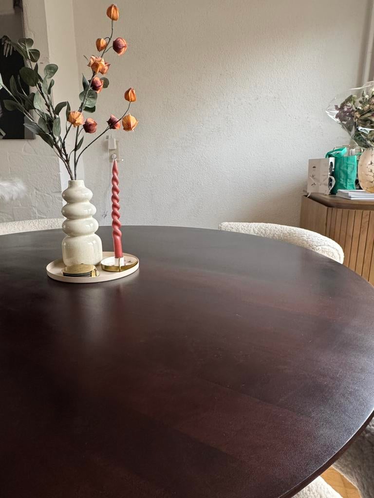 Ronde eettafel donker walnoot, Huis en Inrichting, Tafels | Eettafels, Ophalen, Japandi, Rond, Zo goed als nieuw