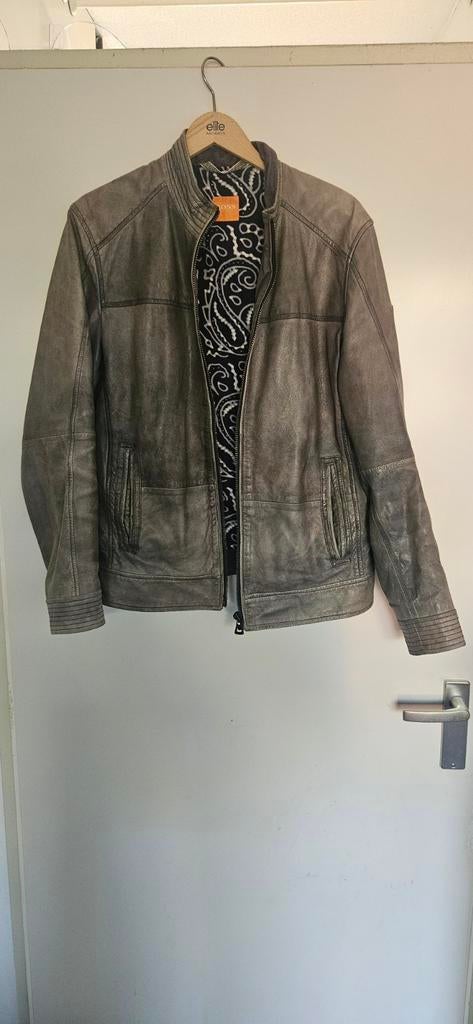 Hugo Boss lederen jack grijs mt 48, Kleding | Heren, Ophalen of Verzenden, Zo goed als nieuw, Maat 48/50 (M), Grijs