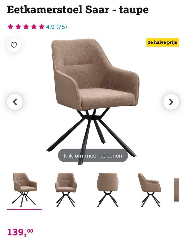 Eetkamerstoel Sara Taupe - 2 stuks (NIEUW), Huis en Inrichting, Stoelen, Nieuw, Twee, Stof, Overige kleuren, Ophalen