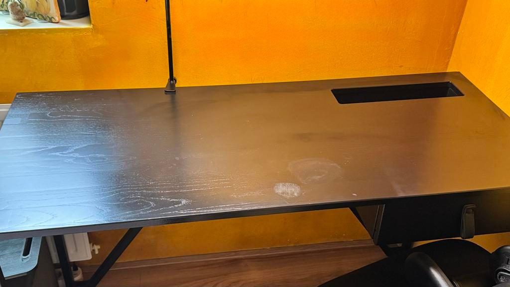 Zwart mangohouten bureau met lade en opbergruimte, Huis en Inrichting, Bureaus, Ophalen, Zwart, Gebruikt, Hout