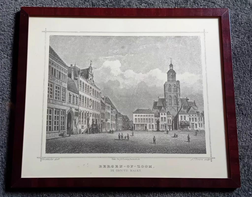 Ets Bergen op Zoom, De Groote Markt, Antiek en Kunst, Kunst | Etsen en Gravures, Verzenden