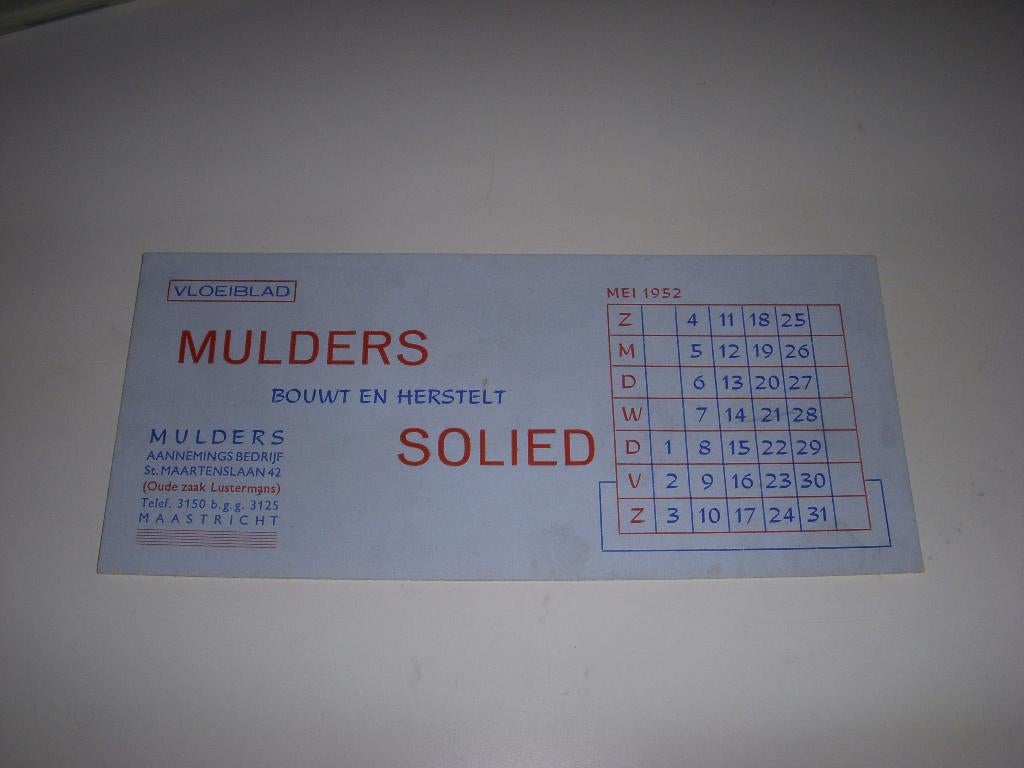 Vloeiblad Aannemersbedrijf Mulders Maastricht uit 1952, Verzamelen, Merken en Reclamevoorwerpen, Ophalen of Verzenden, Gebruikt