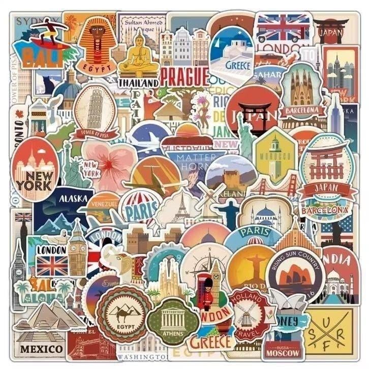 50 stuks reiskofferstickers souvenierstickers suitcase, Sieraden, Tassen en Uiterlijk, Koffers, Wieltjes, Hard kunststof, Nieuw