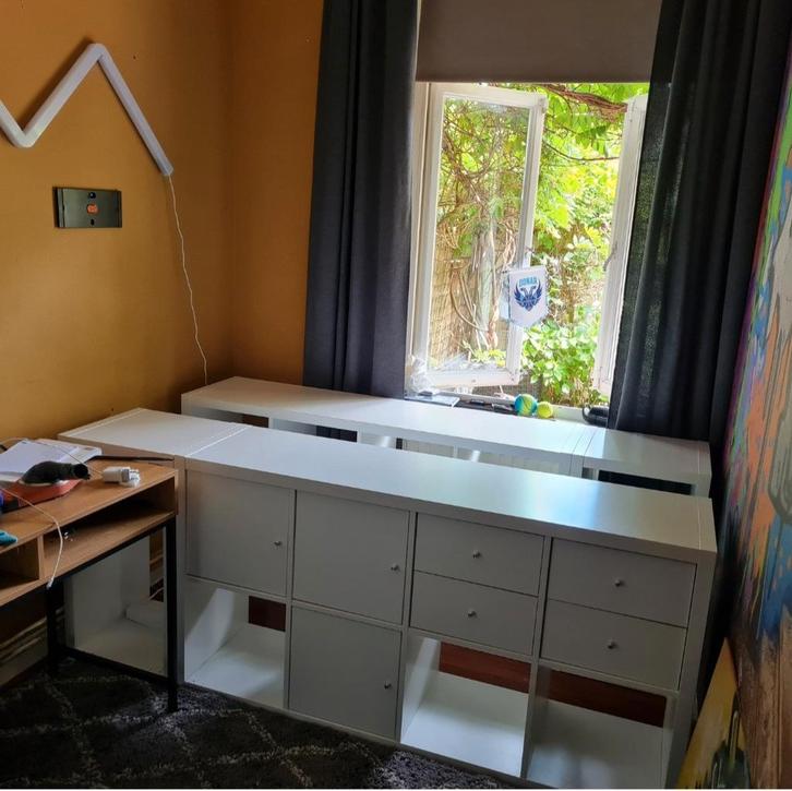 Bedframe met opbergruimte van IKEA Kallax kasten, Huis en Inrichting, Slaapkamer | Bedden, Gebruikt, Eenpersoons, 100 cm, 200 cm