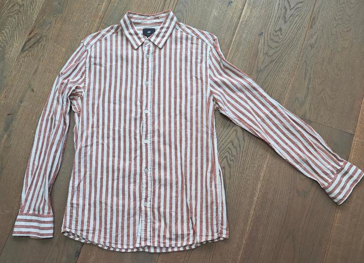 Te koop: Mooi gestreept overhemd/blouse van het merk H&M M:M, Kleding | Dames, T-shirts, Zo goed als nieuw, Beige, Korte mouw