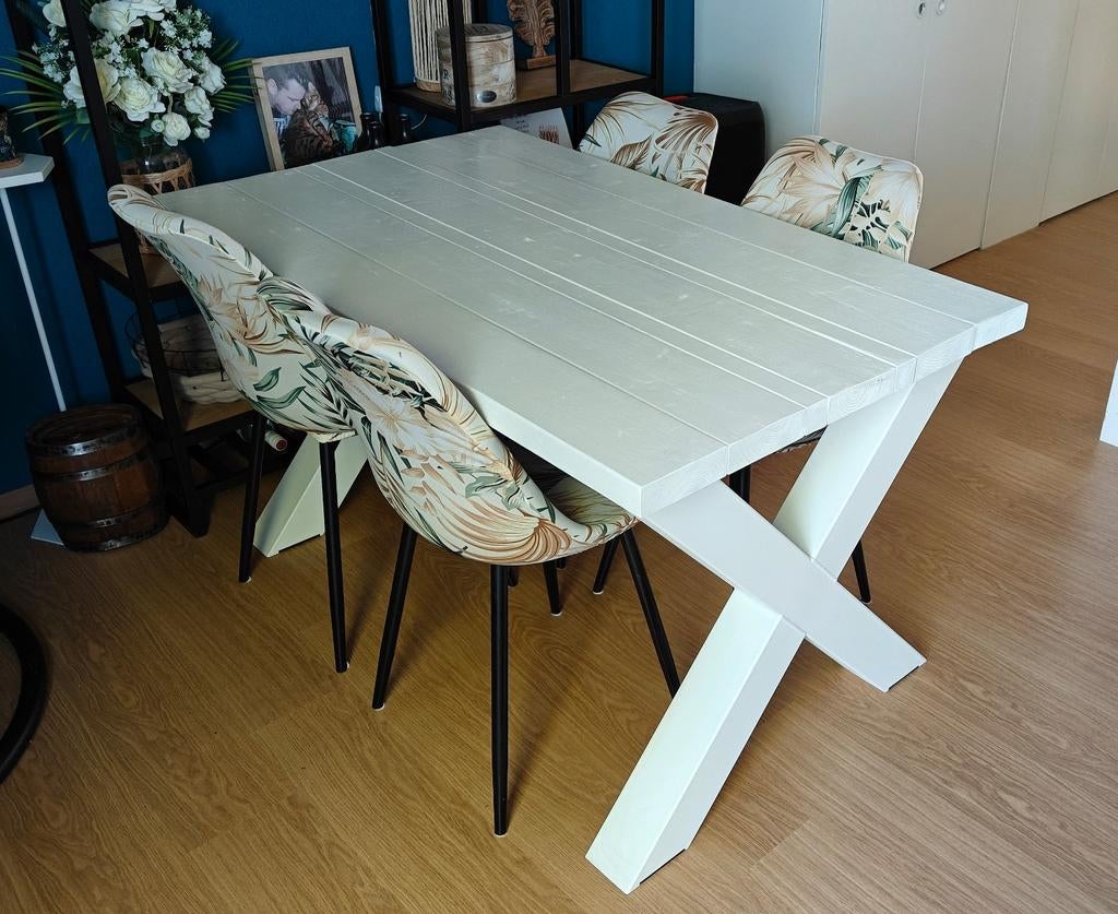 Landelijke eettafel hout wit metaal x poot 4 persoons 140, 100 tot 150 cm, 50 tot 100 cm, Vier personen, Rechthoekig