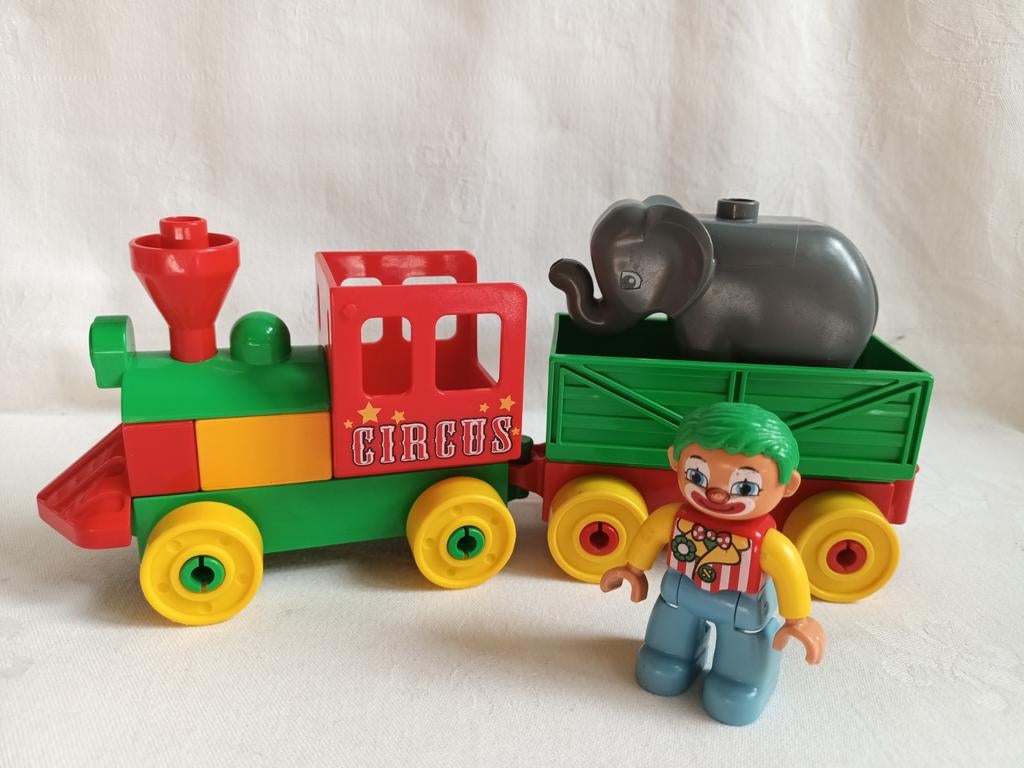 Duplo circus handtrein duwtrein trein met clown en olifant, Ophalen of Verzenden, Zo goed als nieuw, Duplo