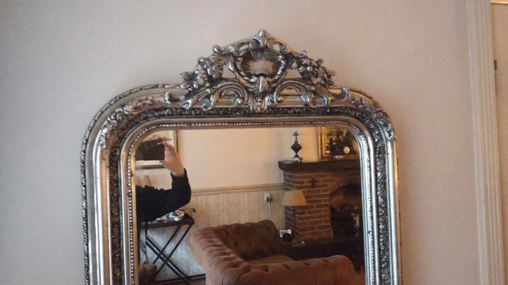 Zeldzame"Louis Philippe"Zware Kuifspiegel Zilver/Zwart156x88, Huis en Inrichting, Woonaccessoires | Spiegels, Zo goed als nieuw