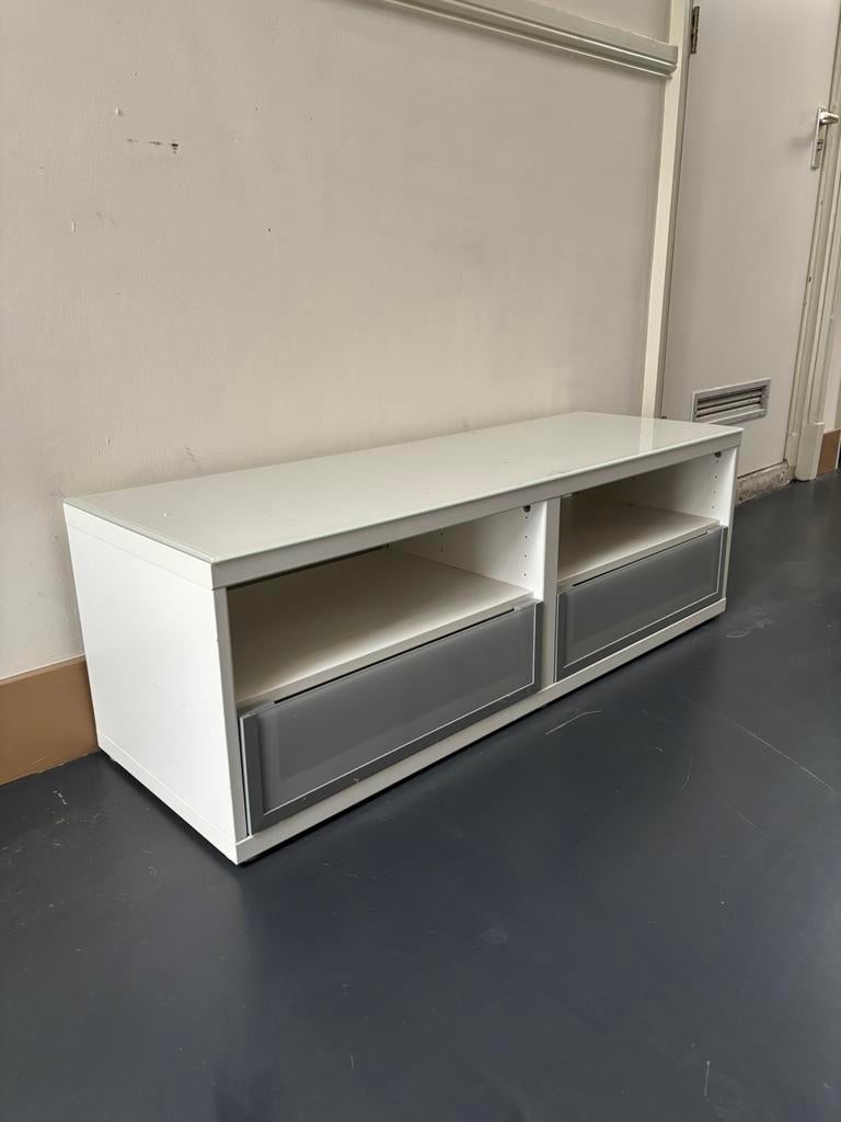 Tv kast wit, audio meubel, lage kast, Ophalen, Gebruikt, 100 tot 150 cm, Glas