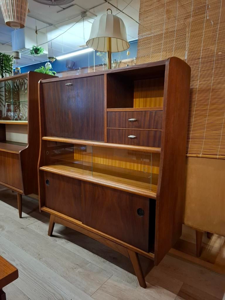 Vintage highboard wandkast teak vitrinekast buffetkast, Ophalen, ..., Zo goed als nieuw, Minder dan 150 cm