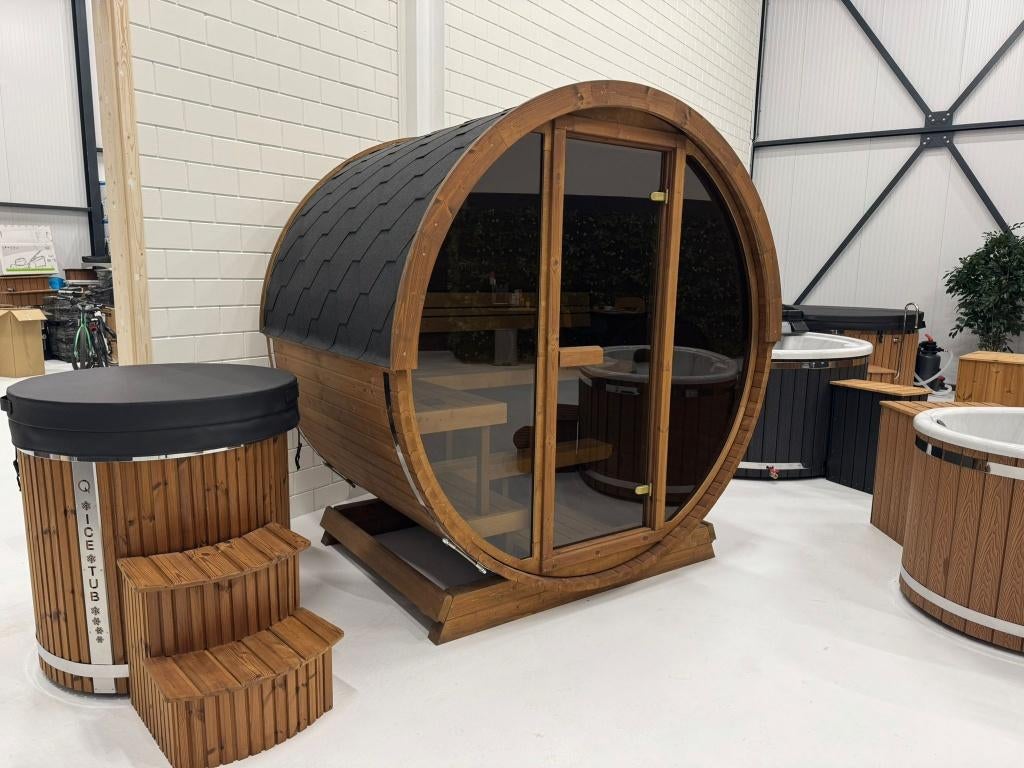 Elektrische Buitensauna Q-Barrel 215 x 167 | Sauna Qrest, Sport en Fitness, Sauna, Ophalen of Verzenden, Nieuw, Fins of Traditioneel