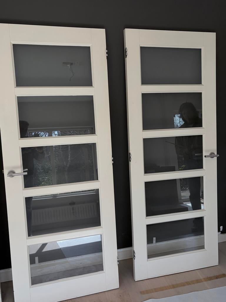 2x Massief houten paneeldeuren met glas en RVS klinken, Ophalen of Verzenden, Zo goed als nieuw