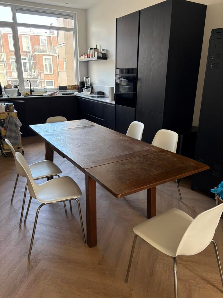 Extendable Vintage Wooden Kitchen Table + 6 chairs, Ophalen, 200 cm of meer, 50 tot 100 cm, Zo goed als nieuw