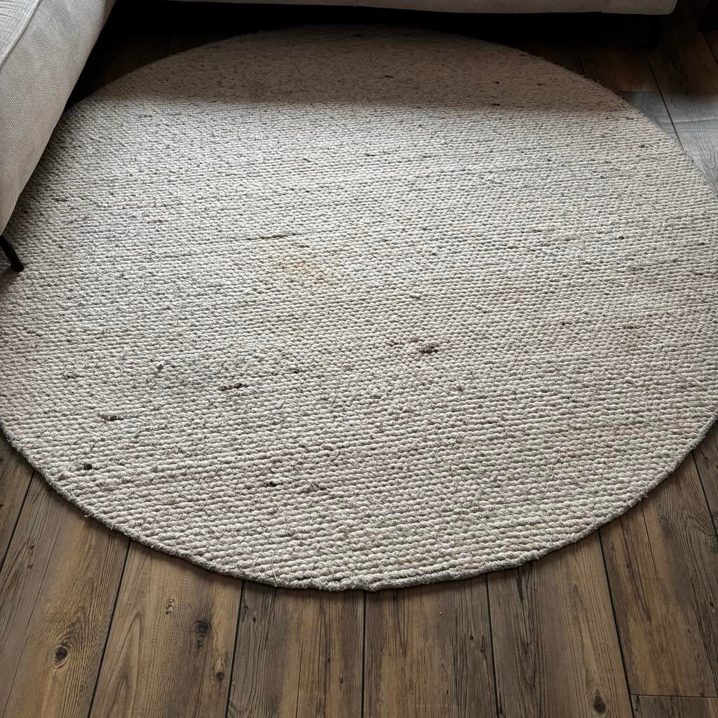 Mooi wollen vloerkleed beige wit gemêleerd, Gebruikt, 100 tot 150 cm, Beige, Rond
