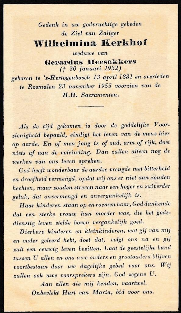 Kerkhof Wilhelmina 1881 Den Bosch 1955 Rosmalen, Verzamelen, Bidprentjes en Rouwkaarten, Ophalen of Verzenden, Bidprentje