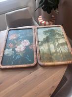 Set van 2 vintage schilderijtjes met rotan lijst, Antiek en Kunst, Kunst | Schilderijen | Klassiek, Ophalen