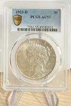 1923-D Peace Silver Dollar PCGS Gold Shield AU55 (49382831), Ophalen, Noord-Amerika, Losse munt, Zilver