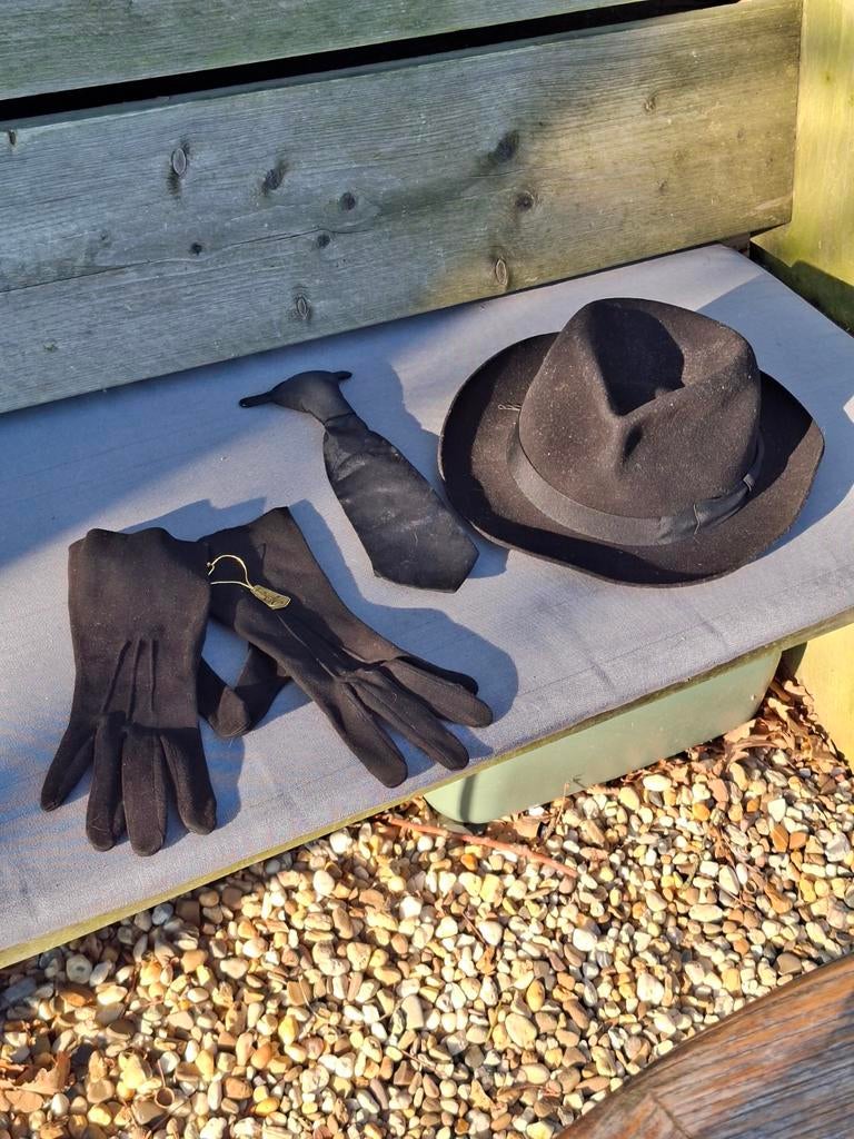 Vintage Fedora Hoed, Stropdas & Tricolana Handschoenen, Antiek en Kunst, Ophalen of Verzenden, Heren, Onbekend