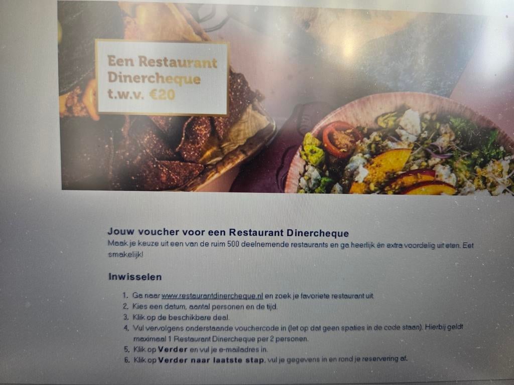 Voucher 20 euro restaurant dinercheque, Eén persoon, Kortingsbon