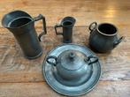 Antiek tinnen servies: Melkkan, suikerpot, kannetje, warmhou, Ophalen of Verzenden