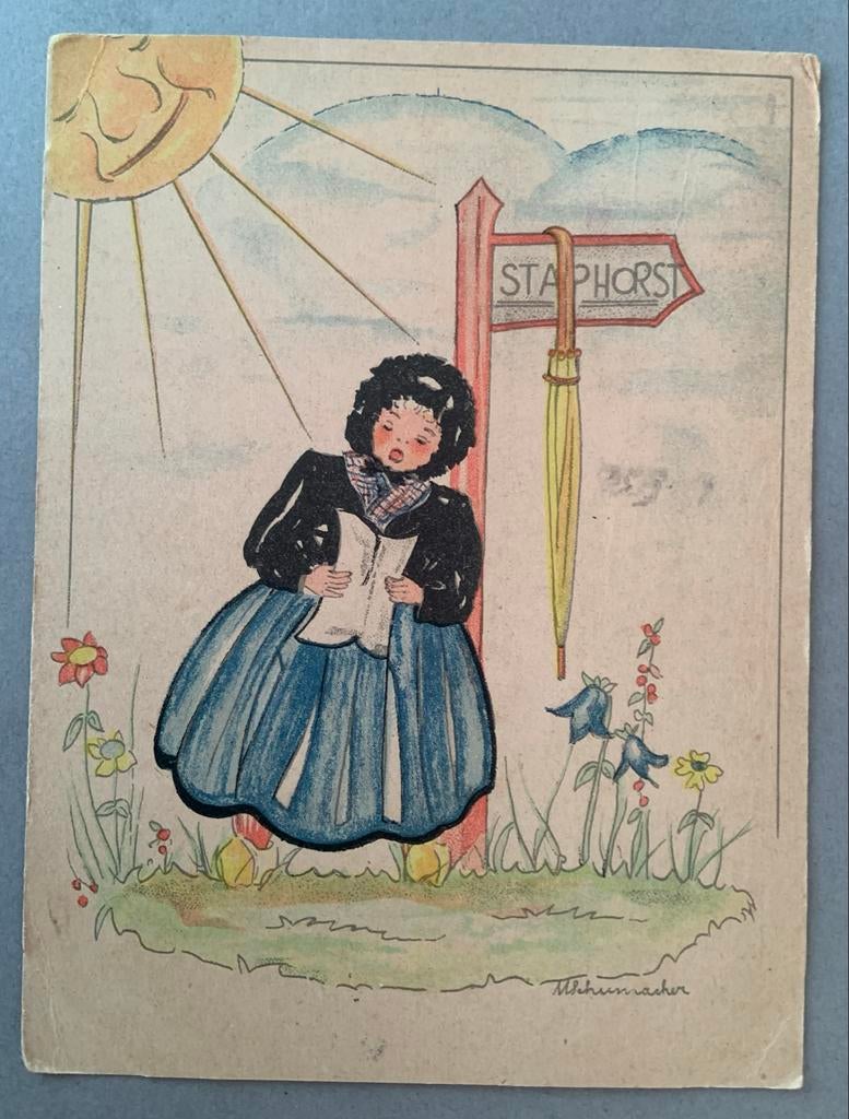 Staphorst - Meisje met paraplu, Ophalen of Verzenden, 1940 tot 1960, Gelopen, Overijssel