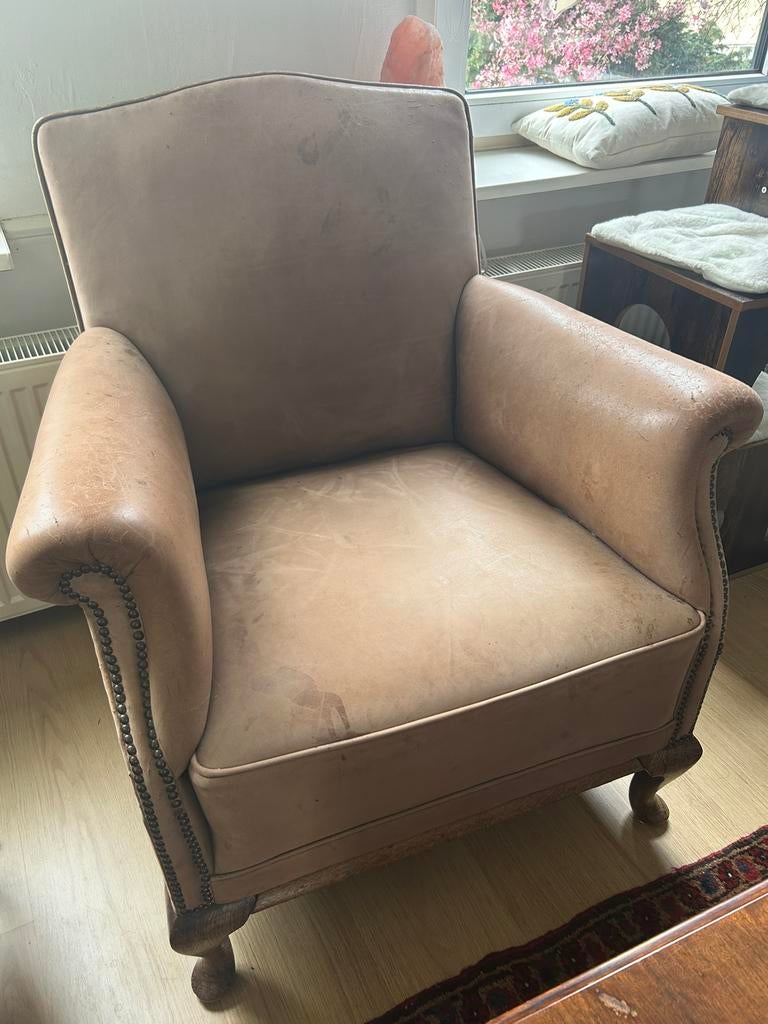 Schapenleren stoel te ruil, Huis en Inrichting, Fauteuils, Ophalen, Gebruikt, English country, 75 tot 100 cm