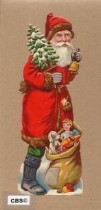 Kerstman met zak cadeautjes & kerstbel antiek poezieplaatje, Verzamelen, Poesieplaatjes, Ophalen of Verzenden