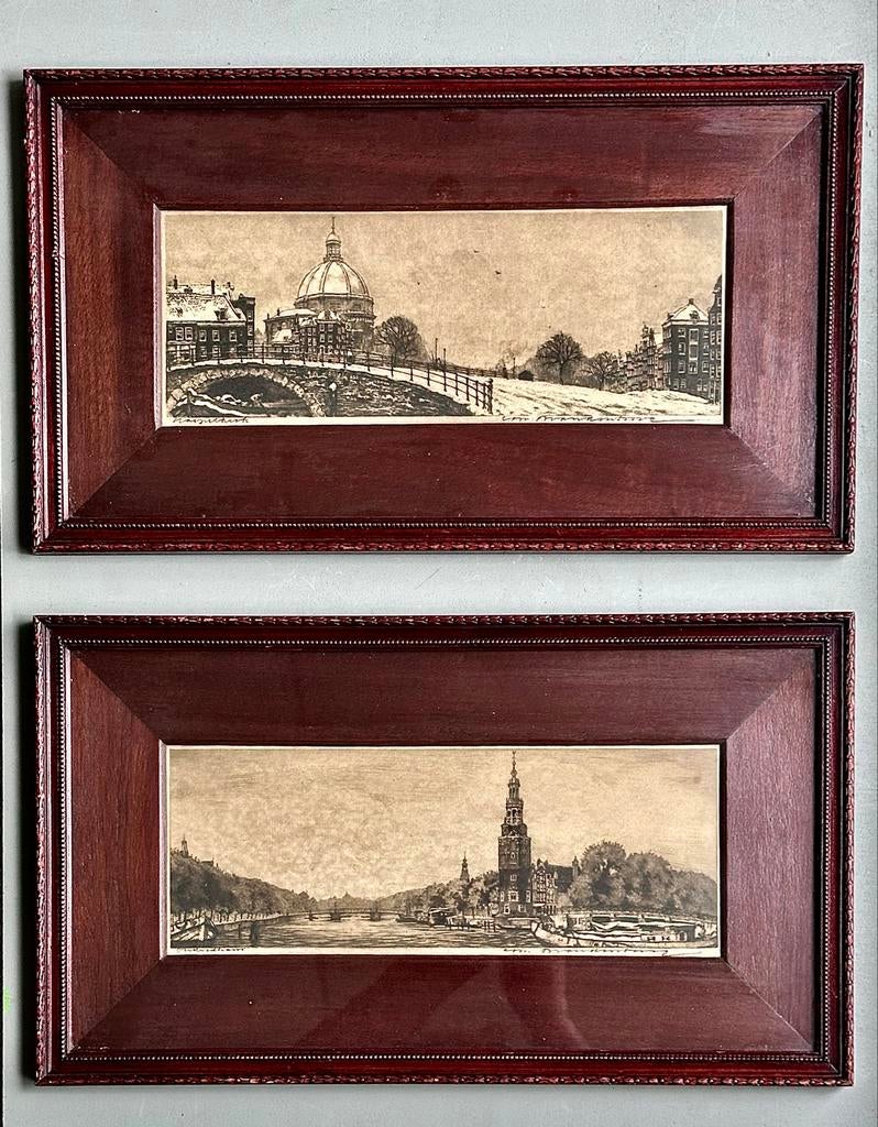 Twee originele etsen van Cornelis Brandenburg: Amsterdam, Antiek en Kunst, Kunst | Etsen en Gravures, Stadsgezicht, Origineel