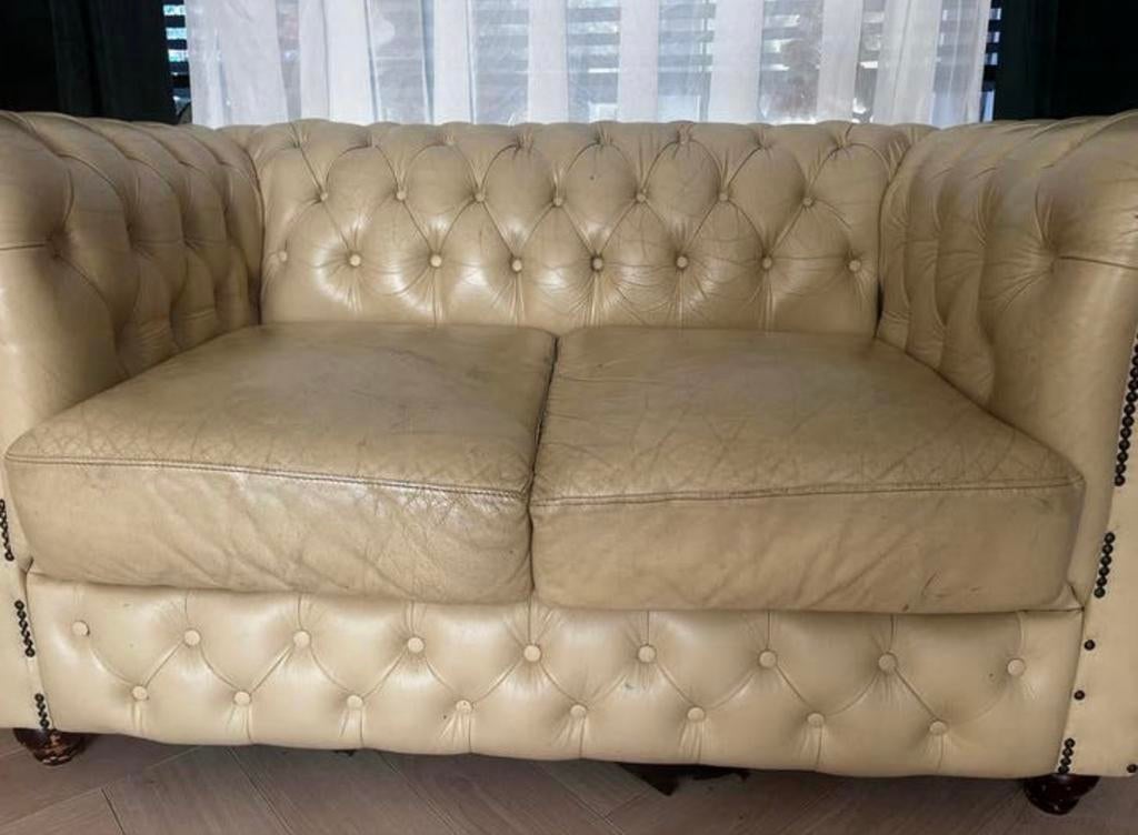 Leren Chesterfield bank - 2-zits, Ophalen, Gebruikt, 150 tot 200 cm, Tweepersoons