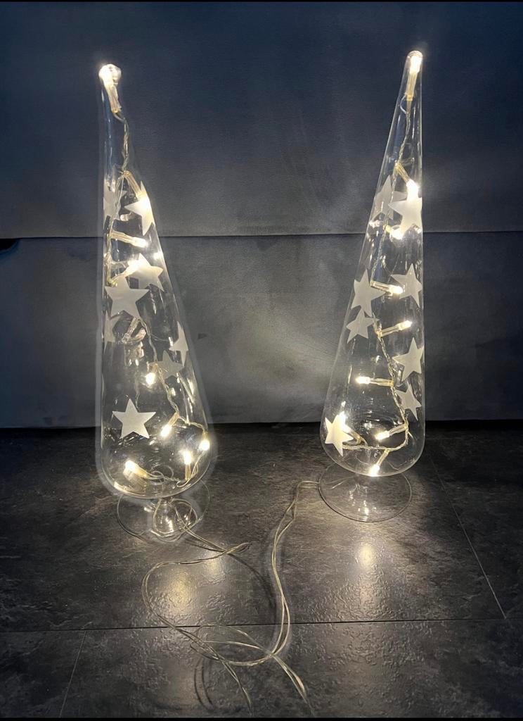 2x glazen kerstboompjes met led lampjes, Diversen, Kerst, Ophalen of Verzenden, Zo goed als nieuw