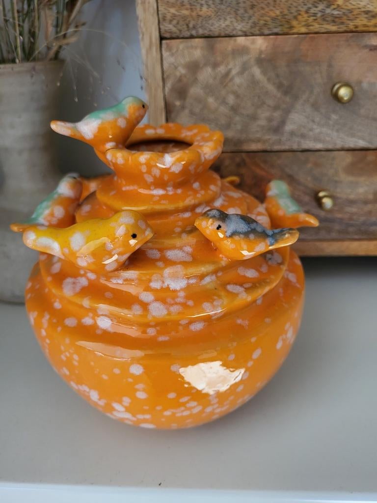 Vintage Oranje Keramische Pot met Vogels, Antiek en Kunst, Ophalen of Verzenden