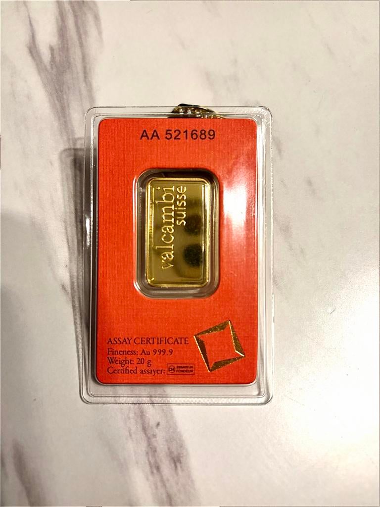 Valcambi Suisse 20 gram goudbaar in pasje, Postzegels en Munten, Edelmetalen en Baren, Ophalen of Verzenden, Goud