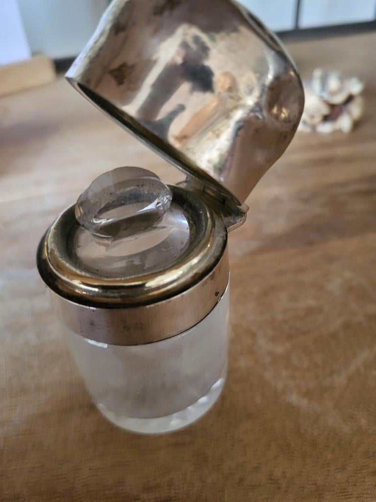 Antieke Zilveren Poederdoos met Geslepen Glas, Antiek en Kunst, Antiek | Goud en Zilver, Ophalen of Verzenden