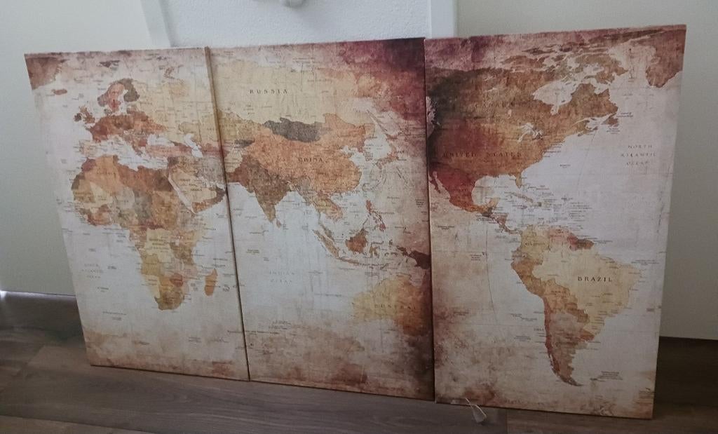 Wereldkaart drieluik canvas - Vintage stijl, Huis en Inrichting, Woonaccessoires | Wanddecoraties, Ophalen of Verzenden, Gebruikt