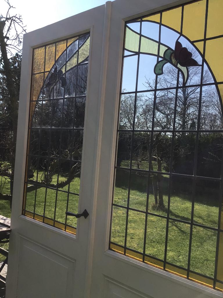 Antieke ensuite /tussendeuren met glas in lood, Ophalen, 120 cm of meer, 215 cm of meer, Glas