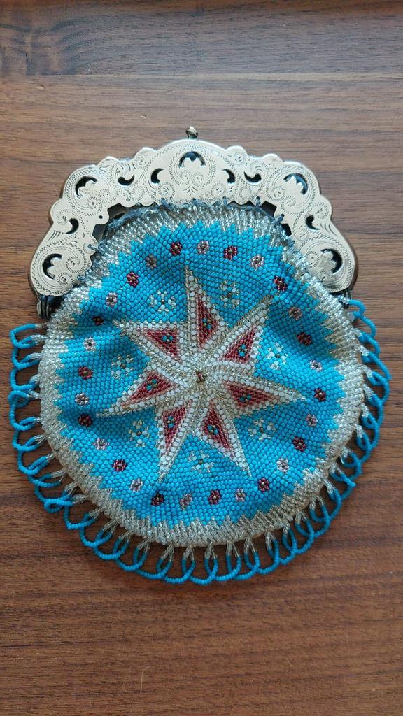 Antieke kralen beurs met zilveren beugel, Ophalen, Gebruikt, Blauw, Avondtasje