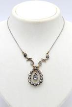 14 kt goud met zilveren hanger met roosdiamant aan collier., Ophalen of Verzenden, Goud, Ketting, Met edelsteen
