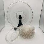 Vintage glazen taartset met 11 schotels geblokte rand, Ophalen of Verzenden