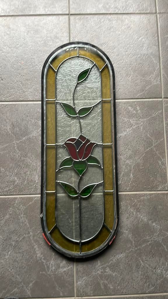 Glas-in-lood-ruit roos voordeur, Ophalen, Gevelraam of Ruit, Gebruikt, Minder dan 80 cm