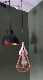 3 industriële hanglampen, wit, koper, zwart, aan katrol, Huis en Inrichting, Lampen | Hanglampen, Ophalen of Verzenden, Zo goed als nieuw