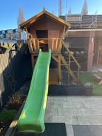 Houten speelhuis incl. Glijbaan, zandbak, tafel en stoelen, Ophalen, Zo goed als nieuw, Glijbaan