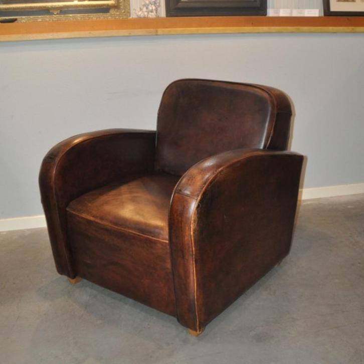 Art Deco schapenleren fauteuil, Huis en Inrichting, Fauteuils, Gebruikt, Leer, 50 tot 75 cm, 75 tot 100 cm, Ophalen
