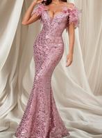 Roze avondjurk met pailletten en veren mt 38, Maat 38/40 (M), Galajurk, Nieuw, Ophalen of Verzenden