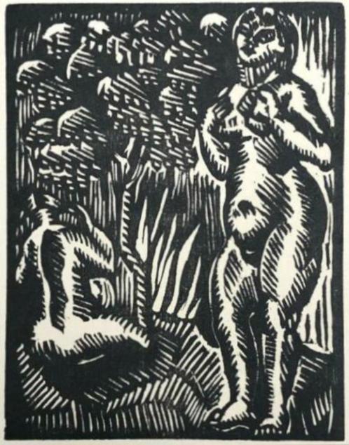 Josef von Diveky (1887-1951 Hongarije) Houtsnede 'Adam en Ev, Antiek en Kunst, Kunst | Etsen en Gravures, Verzenden
